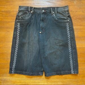 Knockout Mens Baggy Denim Shorts Black Y2K Embroidered Streetwear Size‎ 38x13